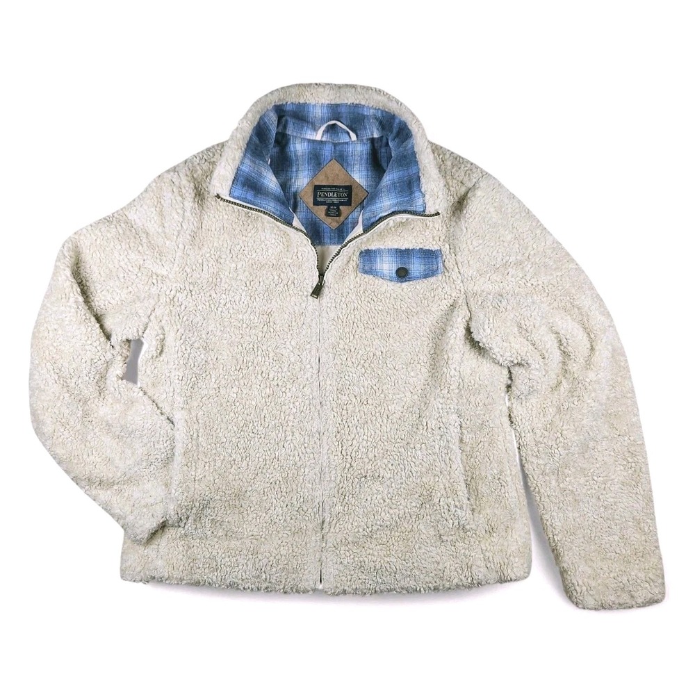 Pendleton Jacket Medium Sherpa Fleece Zip Up Lined Pockets Coat Plaid Fuzzy Soft